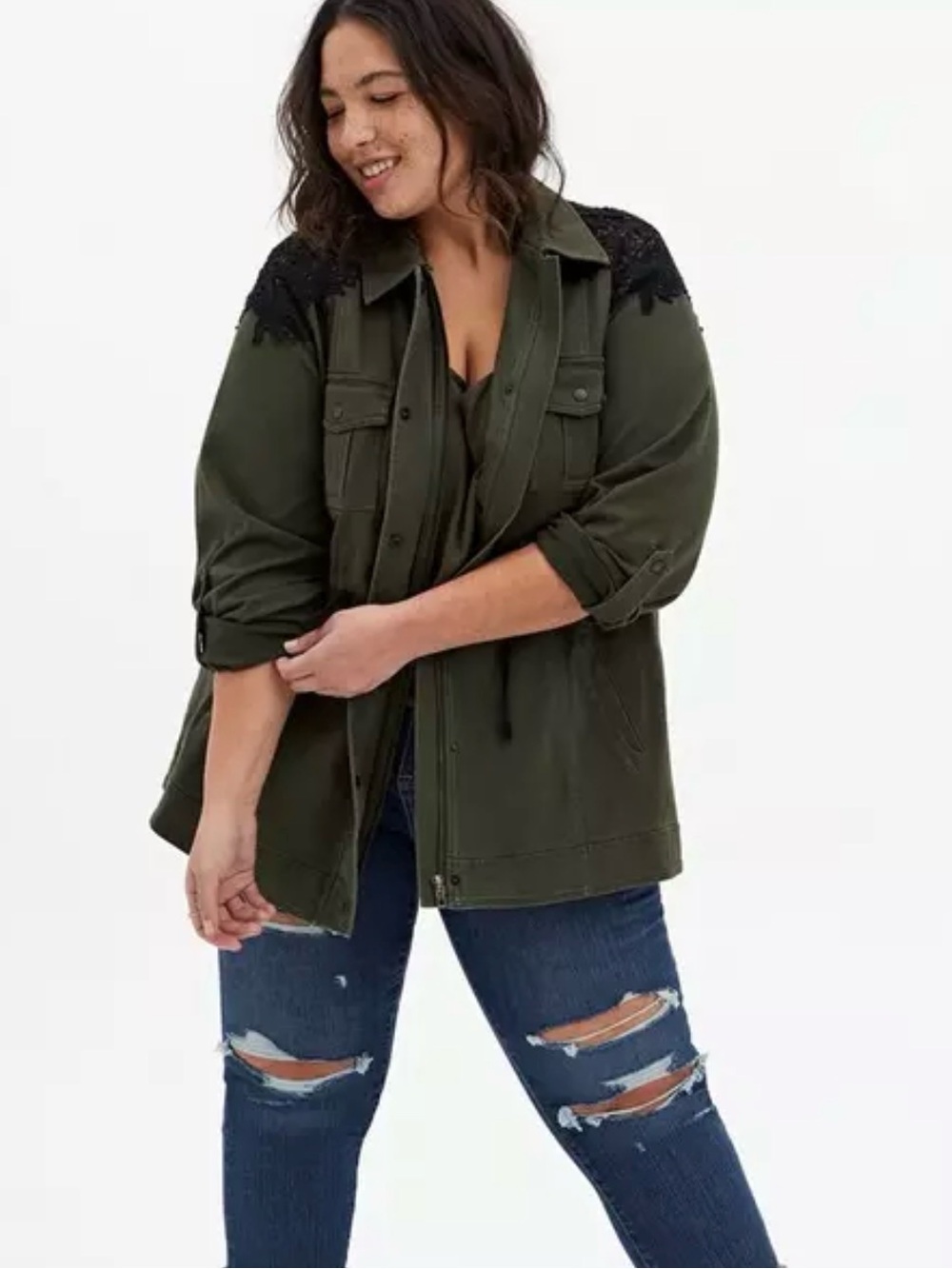 torrid Olive Utility Jacket with Black Lace Shoulders